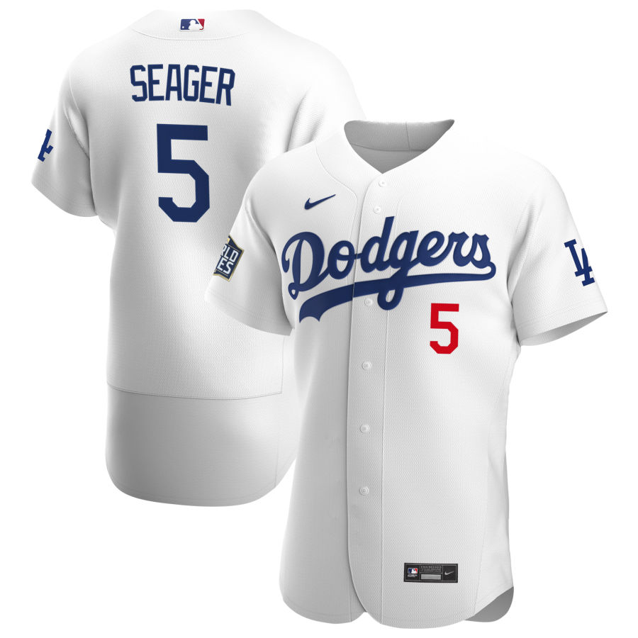 Los Angeles Dodgers 5 Corey Seager Men Nike White Home 2020 World Series Champions Authentic Player MLB Jersey